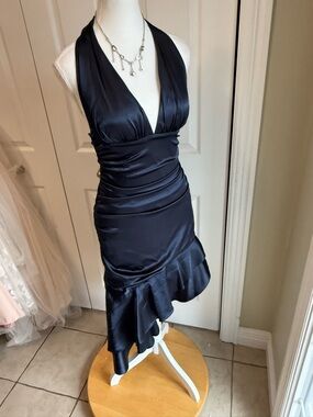 Morgan & Co. Navy Satin Halter Asymmetrical Ruffle Dress